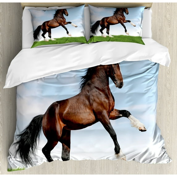 Horses Duvet Cover Set, Bay Horse Pacing on the Grass Energetic Noble Character of the Nature Concept, Decorative 3 Piece Bedding Set with 2 Pillow Shams, Calking Size, Blue Green Brown, by Ambesonne