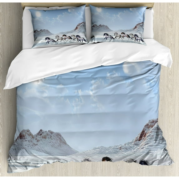 Horses Duvet Cover Set, Herd of Wild Noble Horses Run in the Snows of a Fresh Winter Day Glorious Picture, Decorative 3 Piece Bedding Set with 2 Pillow Shams, Queen Size, Blue White, by Ambesonne