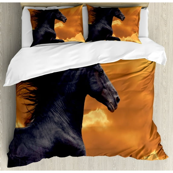 Horses Duvet Cover Set, Portrait of Galloping Friesian Horse with Hot Sun Rays Intensity Honor Grace Theme, Decorative 3 Piece Bedding Set with 2 Pillow Shams, Queen Size, Black Orange, by Ambesonne