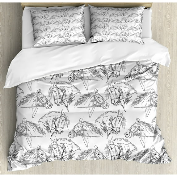 Horses Duvet Cover Set Queen Size, Sketch of Arabian Mare Monochrome Animal Portrait with Harness Riding the Stallion, Decorative 3 Piece Bedding Set with 2 Pillow Shams, Black White, by Ambesonne