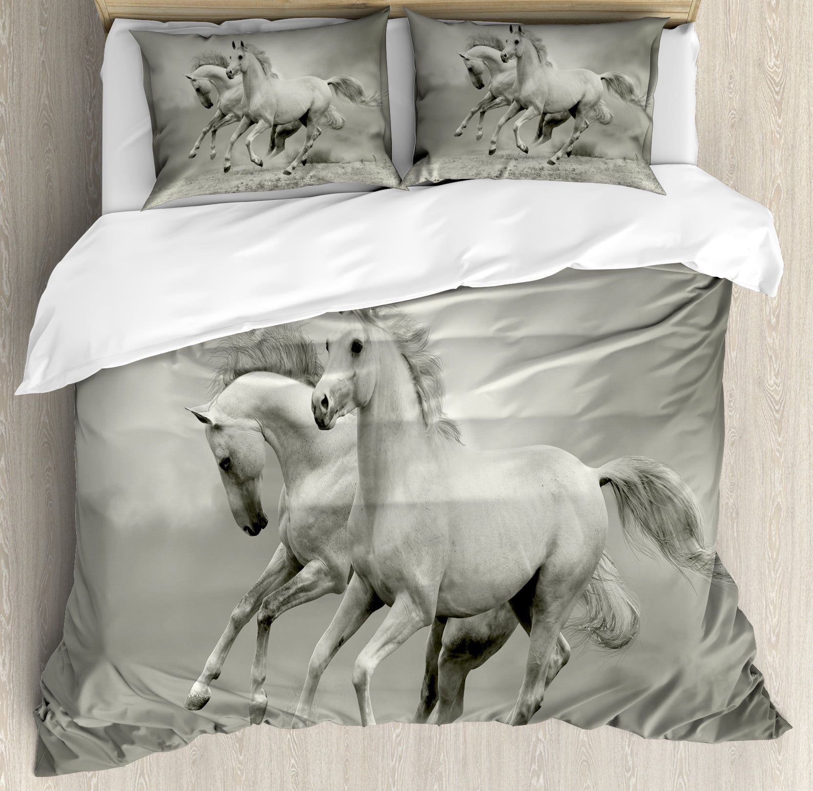 Horses Duvet Cover Set, Running Horses Symbolizing Passion for Freedom Creatures Photo Print