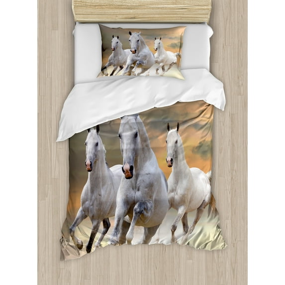 Horses Duvet Cover Set, Stallion Horses Running on a Sky Background Male Champions Print, Decorative 2 Piece Bedding Set with 1 Pillow Shams, Twin Size, White Orange, by Ambesonne