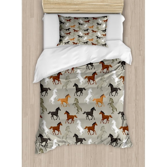 Horses Duvet Cover Set Twin Size, Abstract Stallions Simple Design Equestrian Animals Galloping Curvet Illustration, Decorative 2 Piece Bedding Set with 1 Pillow Sham, Multicolor, by Ambesonne