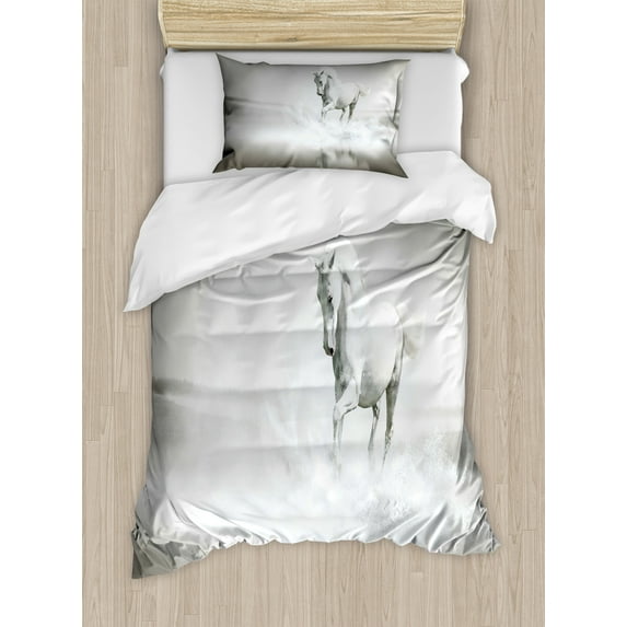 Horses Duvet Cover Set, Wild Horse Running Through Water Dramatic for the Motivation of Life Art, Decorative 2 Piece Bedding Set with 1 Pillow Shams, Twin Size, Black and White, by Ambesonne