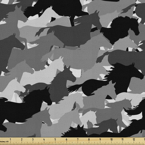 Ambesonne Horses Fabric by the Yard Upholstery, Mustang Herd Animals, 1 Yard, Charcoal Grey Grey Black