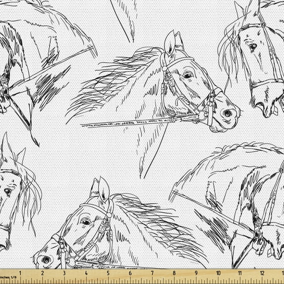 Ambesonne Horses Fabric by the Yard Upholstery, Mare Sketch, 10 Yards, Black White