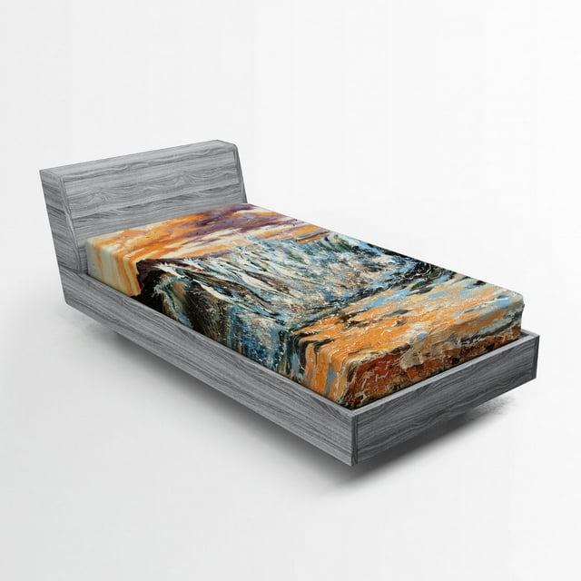 Horses Fitted Sheet, Group of Pacing Horses in Water with Environment Life Force Retro Paint, Soft Decorative Fabric Bedding, Twin Size, Multicolor, by Ambesonne