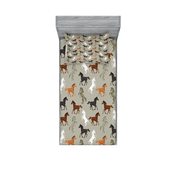 Horses Fitted Sheet & Pillow Sham Set, Abstract Stallions Simple Design Animals Galloping Curvet Illustration, Decorative Printed 4 Piece Bedding Decor Set, Twinxl, Multicolor, by Ambesonne