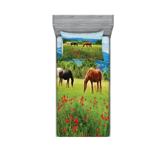 Horses Fitted Sheet & Pillow Sham Set, Various Kinds of Horses Eating Grass in Field Mountain Landscape Rural Scene Print, Decorative Printed 4 Piece Bedding Decor Set, Twin, Multicolor, by Ambesonne