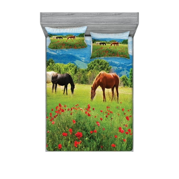 Horses Fitted Sheet & Pillow Sham Set, Various Kinds of Horses Eating Grass in Field Mountain Landscape Rural Scene Print, Decorative Printed 6 Piece Bedding Decor Set, King, Multicolor, by Ambesonne