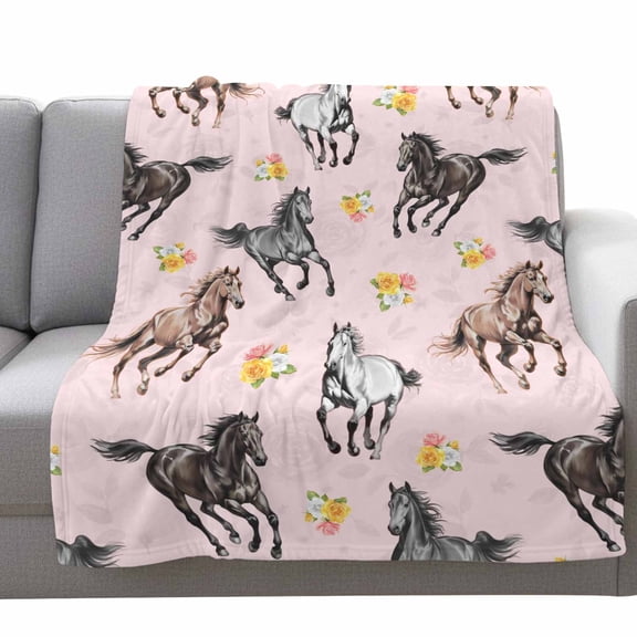 Horses Fleece Throw Blanket Lightweight Watercolor Black Brown White Horse Yellow Pink Floral Pink Fuzzy Flannel Throws Super Soft Cozy Flannel Blanket for Couch, Sofa, Bed, Travel 50"x80"