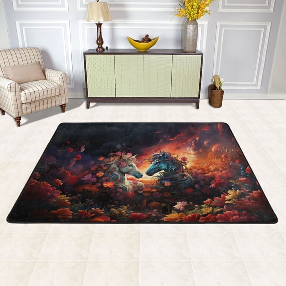 Horses Flowers Clouds Dark Area Rug Washable 72 x 48 Floor Carpet Mat Non Slip for Bedroom Living Room Kids Room Home Decor