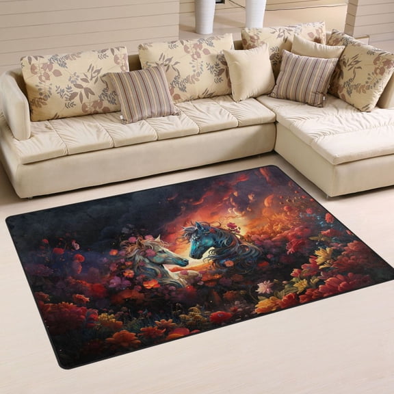 Horses Flowers Clouds Dark Area Rug Washable Floor Carpet Mat 60 x 39 inch for Bedroom Living Room Kids Room Home Decor