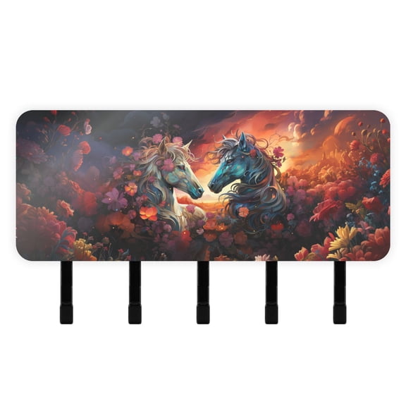 Horses Flowers Clouds Dark Mail Holder Organizer Wall Mount with Shelf Key Holder Key Rack with 5 Key Hooks for Wall Decorative