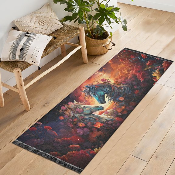 Horses Flowers Clouds Dark Runner Rug Machine Washable Area Rugs Carpet Non Slip Entryway Mat for Bedroom Entryway Front Door
