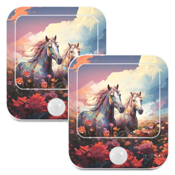 Horses Flowers Clouds Light Night Lights Plug into Wall LED with Auto Light Sensor Warm Light for Kids Hallway Bedroom Living Room Kitchen Bathroom Set of 2