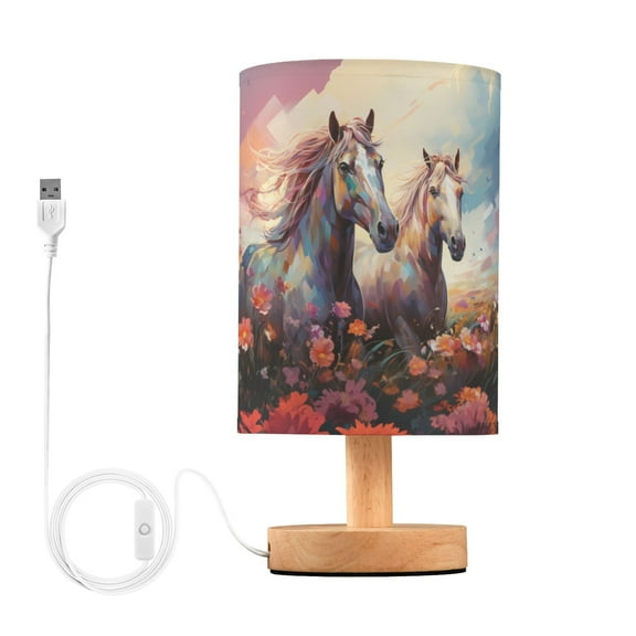 Horses Flowers Clouds Light Table Lamp USB Bedside Desk Nightstand Lamp Printed Gifts Small Lamp Wood Base for Bedroom Living Room Kids Room College Dorm