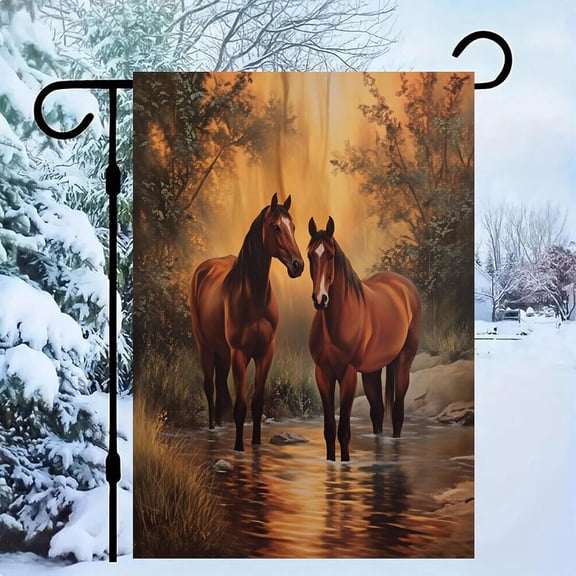 Horses Forest Stream Sunset Garden Flag, Linen Burlap Yard Flag, Fade Resistant Outdoor Decorative Flag for House, Patio, Porch, Backyard, 12 x 18 Inch