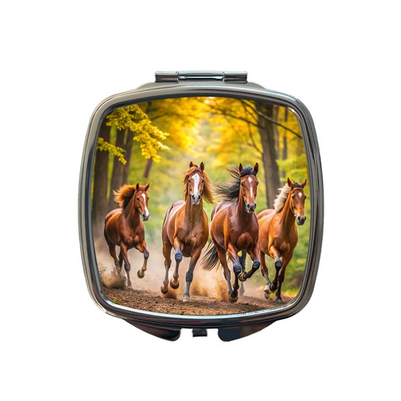 Horses Galloping Through The Forest Travel Makeup Handbag Purse Small Pocket Compact Mirror