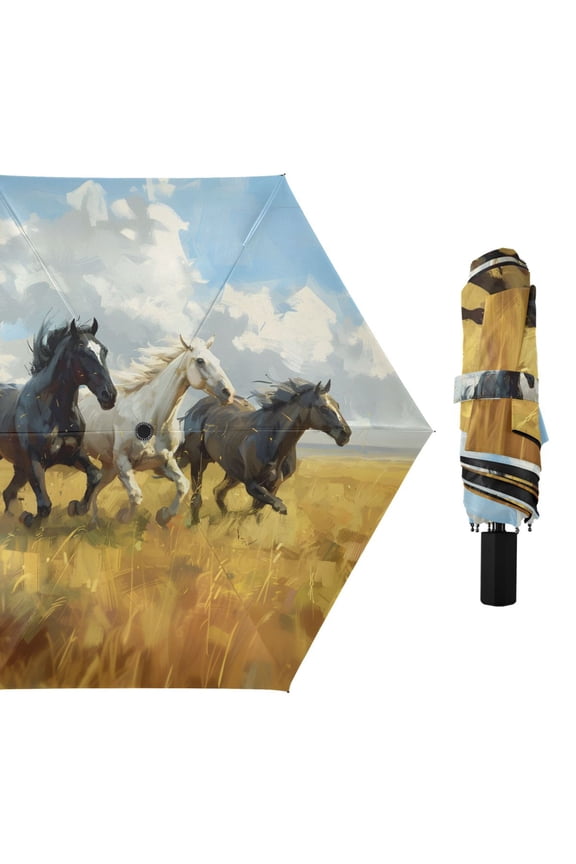 Horses Galloping on Meadow Sky Clouds All Weather Umbrella Triple Folding Parasol 6 Ribs UV Protection Portable