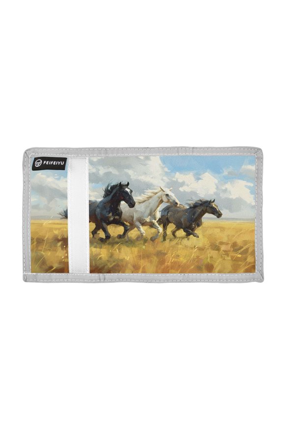 Horses Galloping on Meadow Sky Clouds Trifold Wallets Card Holders Coin Pockets with Lanyards Portable Unisex