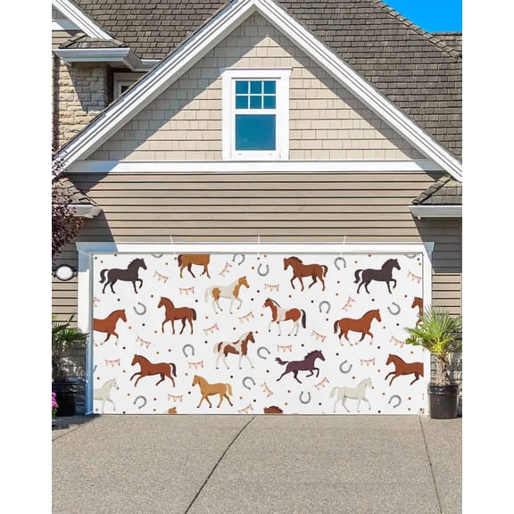 Horses Garage Door Banner Covers, Country Brown Black White Horses Horseshoes Large Hanging Indoor/Outdoor Backdrop Background for Christmas Winter Party Decor, 6.9x8 FT