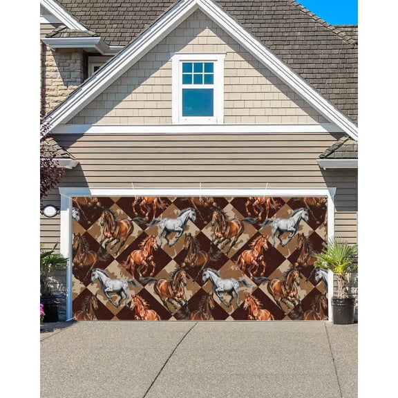 Horses Garage Door Banner Covers, Watercolor White Brown Horses Brown Khaki Plaid Large Hanging Indoor/Outdoor Backdrop Background for Christmas Winter Party Decor, 6x13 FT