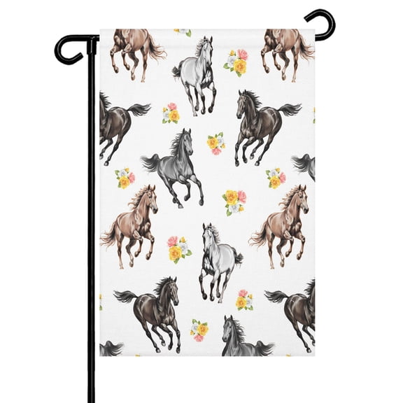 Horses Garden Flag 12x18 Inch Watercolor Black Brown White Horse Yellow Pink Floral Double Sided Small Decorative Garden Flags for Outside, Outdoor Yard Porch Lawn Decoration