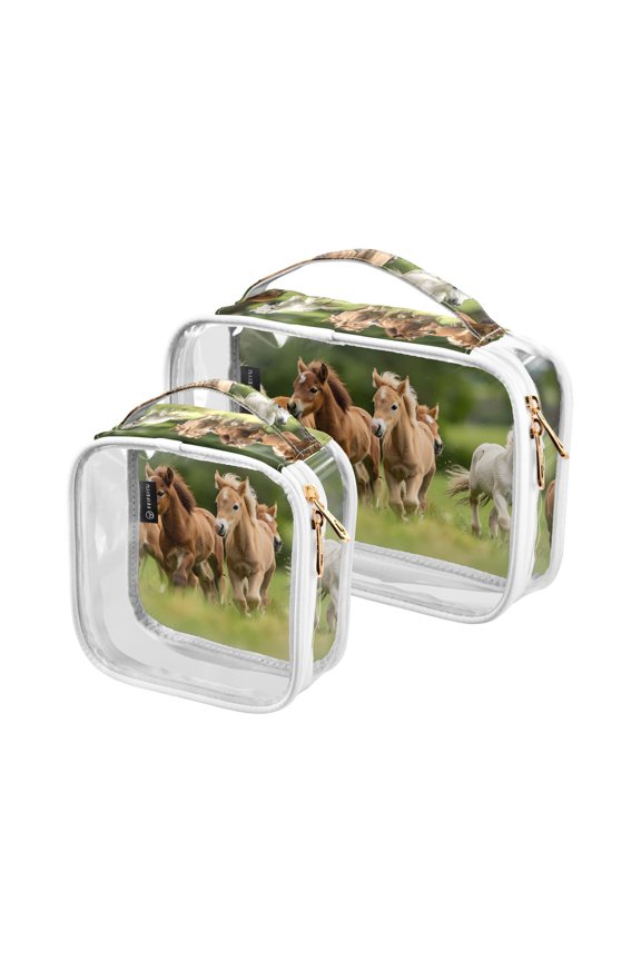 Horses Greed Run Clear Cosmetic Bags with Handles PVC Toiletry Bags Zipper Waterproof Portable for Traveling 2 Pcs