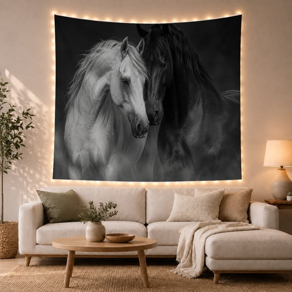 Horses Intimate Pose with Horse Left Appearing Pale, Mystical Fantasy for Space Lovers, Galaxy Room Decor, Housewarming Gift, Tapestry Wall Hanging for Bedroom and Dorm
