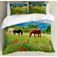 thumbnail image 1 of Horses King Size Duvet Cover Set, Various Kinds of Horses Eating Grass in Field Mountain Landscape Rural Scene Print, Decorative 3 Piece Bedding Set with 2 Pillow Shams, Multicolor, by Ambesonne, 1 of 3