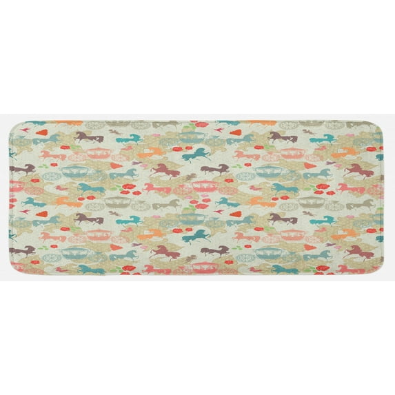 Horses Kitchen Mat, Carriage with Stallions Abstract s Elements Victorian Inspiration Romantic, Plush Decorative Kitchen Mat with Non Slip Backing, 47" X 19", Multicolor, by Ambesonne