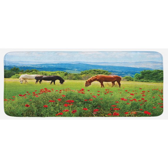 Horses Kitchen Mat, Various Kinds of Horses Eating Grass in Field Mountain Landscape Rural Scene Print, Plush Decorative Kitchen Mat with Non Slip Backing, 47" X 19", Multicolor, by Ambesonne