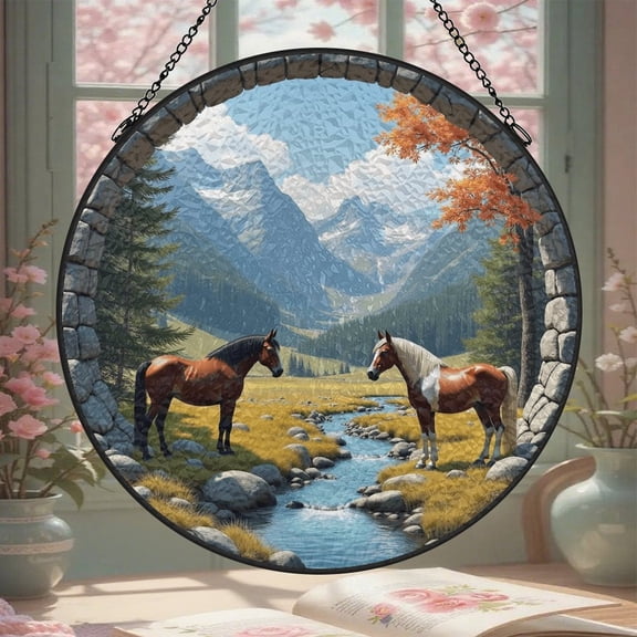 Horses Landscape Mountains Stained Glass Window Hanging 8 Inch Suncatcher Glass Panel with Chain Round Sun Catchers Indoor Wall Art Home Decor Gift for Lovers Couples Women Mother's Day