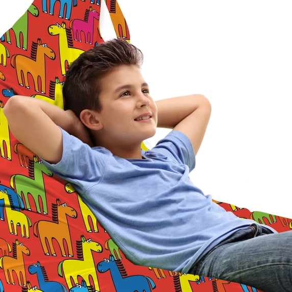 Horses Lounger Chair Bag, Colorful Cartoon Stallion Characters Abstract Farm Animals Mane Silhouettes Doodle, High Capacity Storage with Handle Container, Lounger Size, Multicolor, by Ambesonne