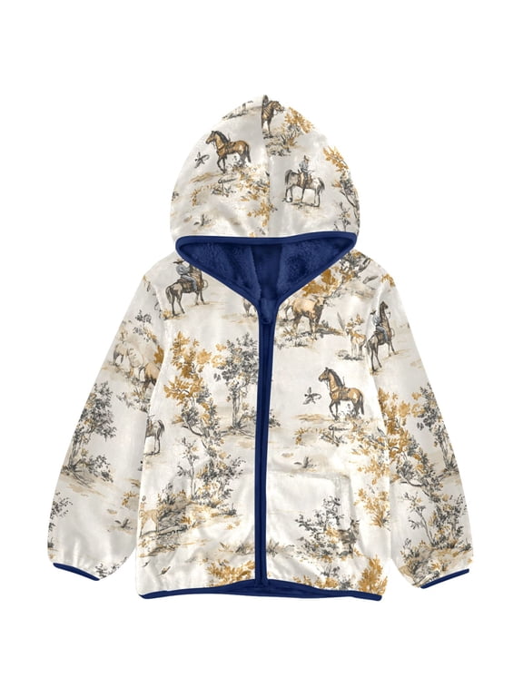 Horses Pattern Toddler Fleece Hooded Jacket Zip Warm Coat 4T