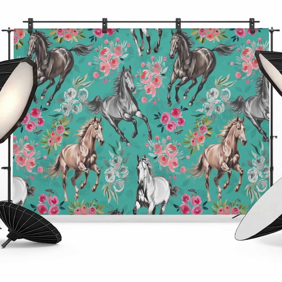 Horses Photography Backdrop 7x5FT, Watercolor Black Brown White Horse White Pink Floral Green Photo Backdrops, Background for Photography Studio Photo Studio Background, Back Drop for Photoshoot