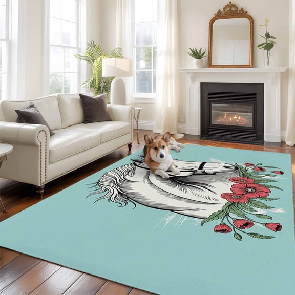 Horses Poppy Flowers Large Area Rugs 6x9 ft Animal Red Floral Vintage Teal Blue Washable Rug Non Slip Indoor Carpet Absorbent Floor Mat for Living Room Bedroom Dining Room