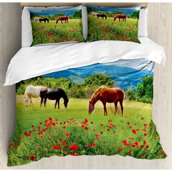 Horses Queen Size Duvet Cover Set, Various Kinds of Horses Eating Grass in Field Mountain Landscape Rural Scene Print, Decorative 3 Piece Bedding Set with 2 Pillow Shams, Multicolor, by Ambesonne