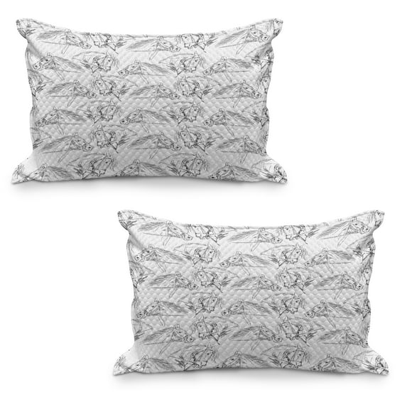 Horses Quilted Pillowcover Set of 2, Sketch of Mare Monochrome Animal Portrait with Harness Riding the Stallion, Standard Queen Size Pillow Cover for Bedroom, 30" x 20", Black White, by Ambesonne