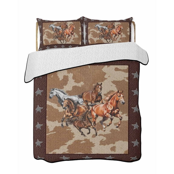 Horses Quilts Bedding Set Queen Size Western Brown White Horse Brown Animal Texture Stars Lightweight Quilted Bedspread 3 Piece Bed Quilt with 2 Pillow Shams All Season for Bedroom 78" x 90"