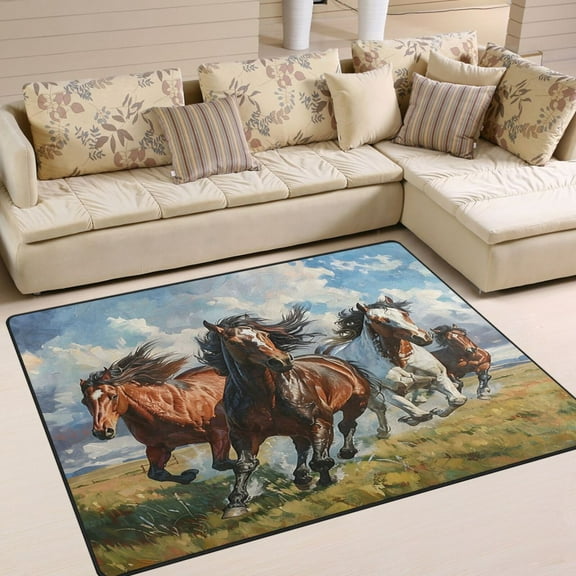 Horses Run Grassland Area Rug Washable 80 x 58 Floor Carpet Mat Non Slip for Bedroom Living Room Home Decor