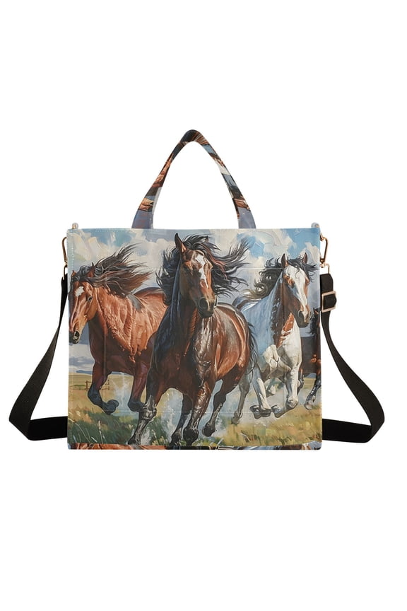 Horses Run Grassland Corduroy Tote Bag Handbag Large Messenger Bag Shoulder Crossbody Zipper Bag Purse