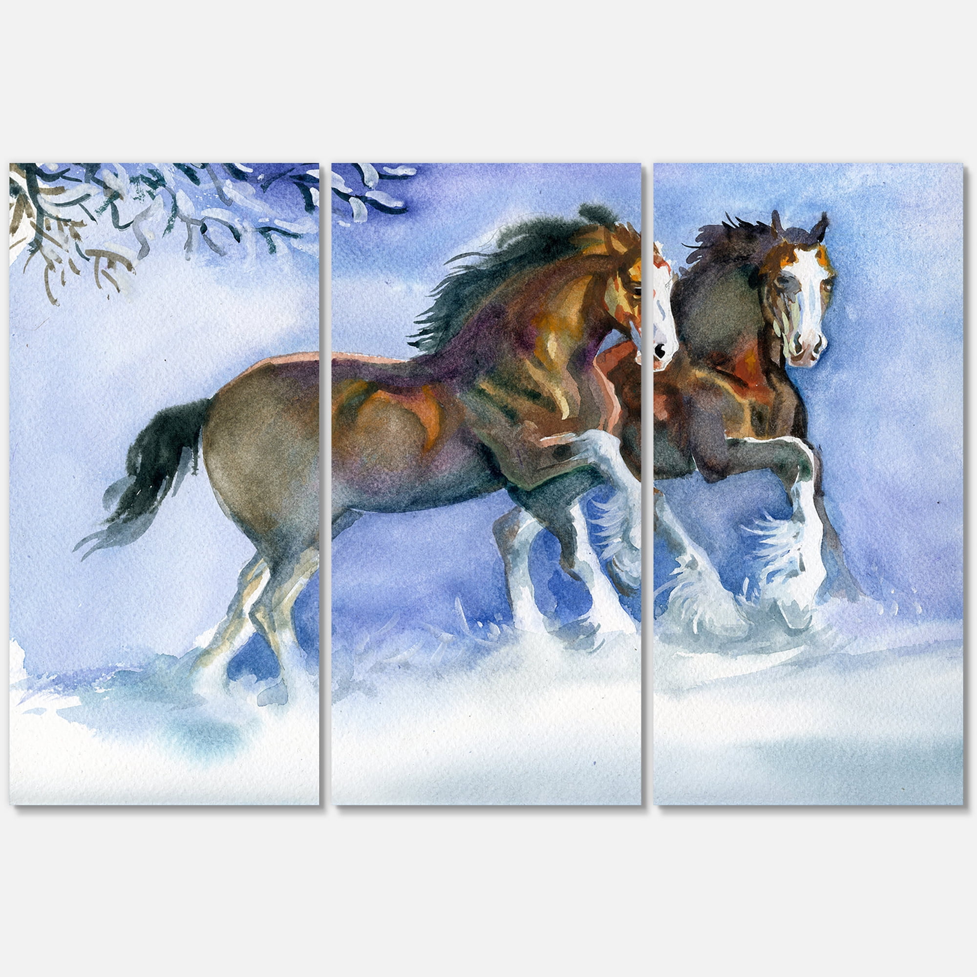 Horses Running In Winter On Blue 28 in x 36 in Painting Canvas Art Print, by Designart