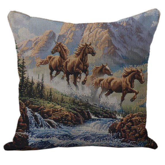 Horses Running on Mountain River DIY Stamped Cross Stitch Pillow Kits Embroidery Pillowcase 11CT Counted Needlepoint Handmade Cushion Cover Home Sofa Christmas Decoration 18x18inch(3)