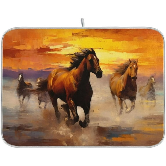 Horses Running Sunset Dish Drying Mat for Kitchen Counter, Ultra Absorbent Reversible Microfiber Dishes Drying Rack Pad Heat-resistant Mats 16x18in Home Decor