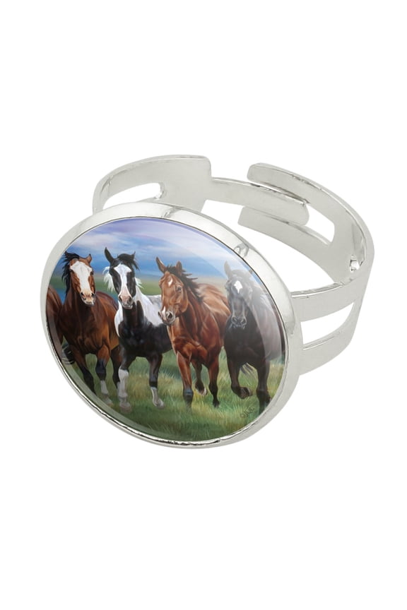 Horses Running Wild Silver Plated Adjustable Novelty Ring
