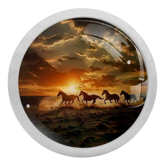 Horses Running in Sunset Crystal Glass Drawer Knob Pull Ergonomic 30mm Circle Glowing Furniture Cabinet Handle for Kitchen Dresser Cupboard Wardrobe
