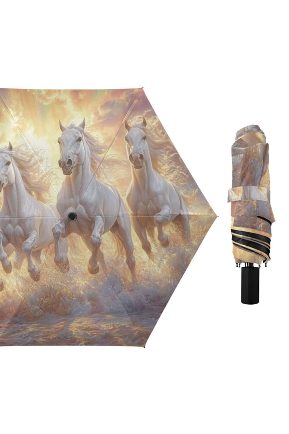 Horses Running on Beach Rainbow Clouds All Weather Umbrella Triple Folding Parasol 6 Ribs UV Protection Portable