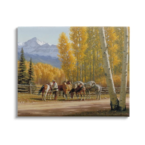 Horses Rural Farm Foliage Animals & Insects Painting Gallery Wrapped Canvas Print Wall Art